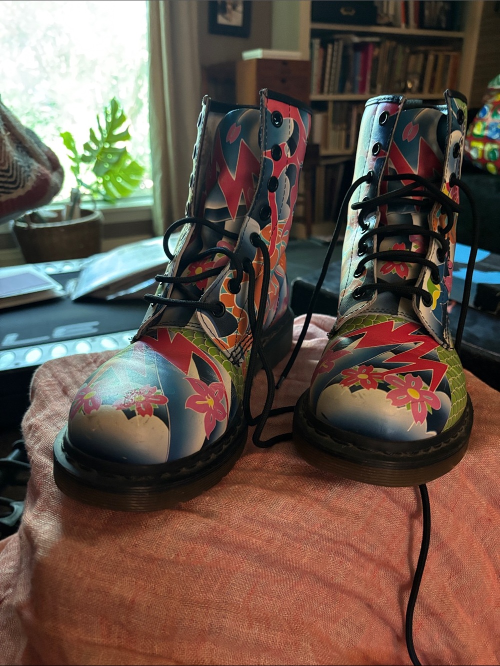 Dr. Martens Women's Floral Lightning Lace-Up Boots in Blue, Pink, Red, Green